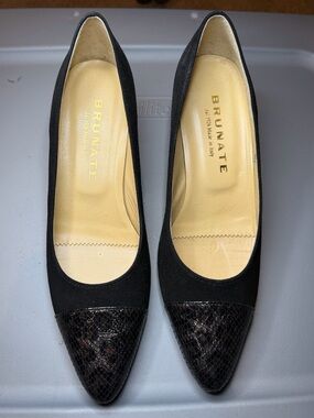 Brunate Black Pointed-Toe Heels with Textured Cap